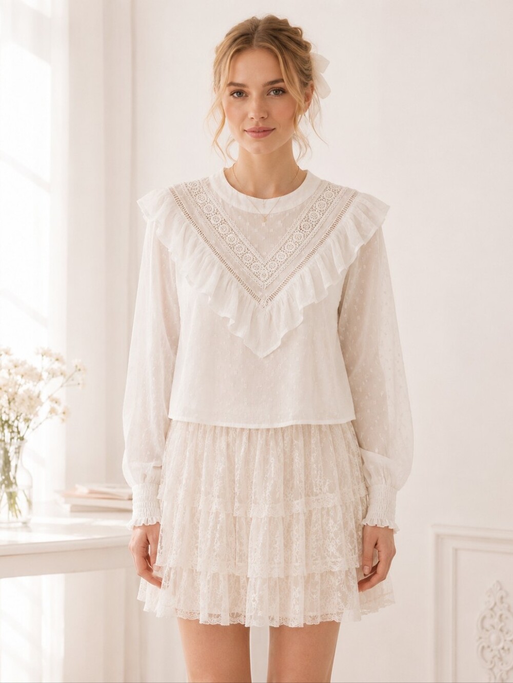 Miss Selfridge Ivory lace top with delicate ruffles and Sheer sleeves. Size 8